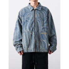 美式街头波点撞色翻领牛仔夹克男秋季水洗做旧痞帅百搭开衫外套潮