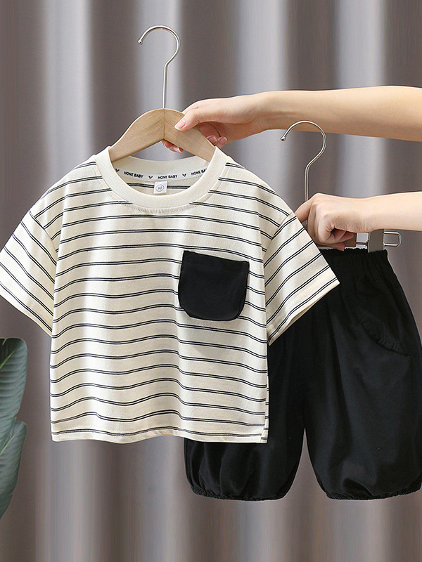7369 Ropa para niños Traje de manga corta para niños Estilo de verano Estilo coreano Camiseta a rayas Moda para niños Traje de dos piezas de verano 5
