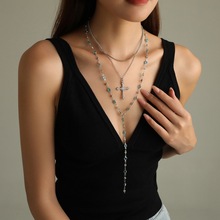 欧美跨境嘻哈风蓝色水晶链条项链饰品复古镶钻十字架吊坠叠戴项饰