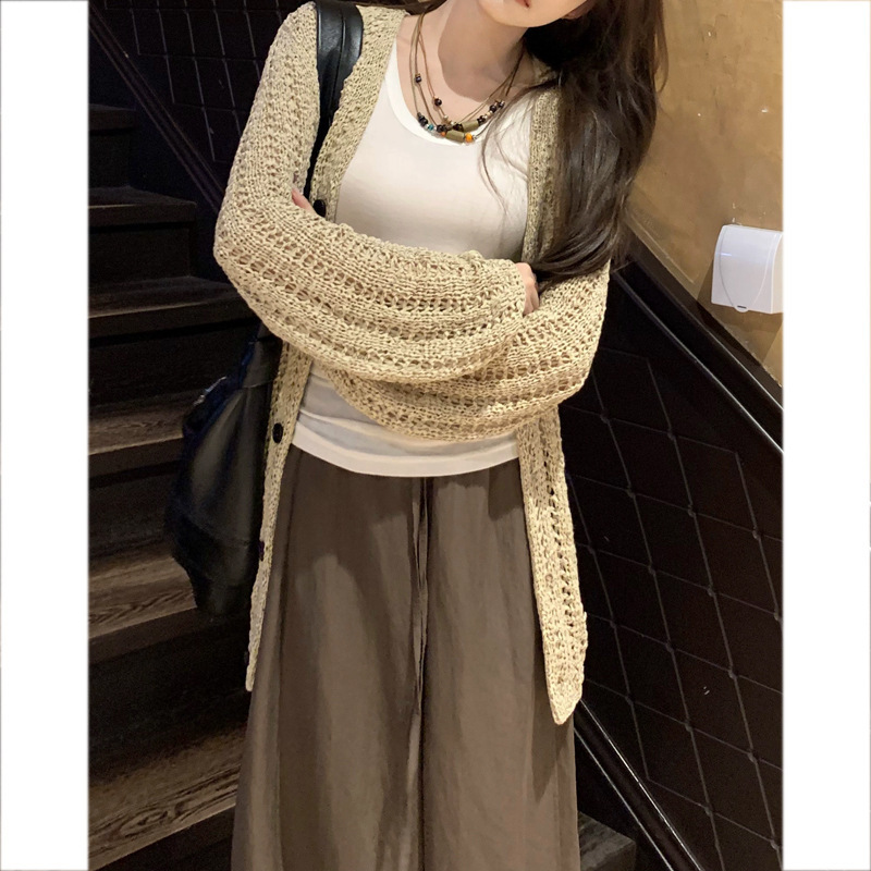 法式早秋度假风粗针镂空带子纱纸片人V领修身慵懒开衫女2025秋季|undefined