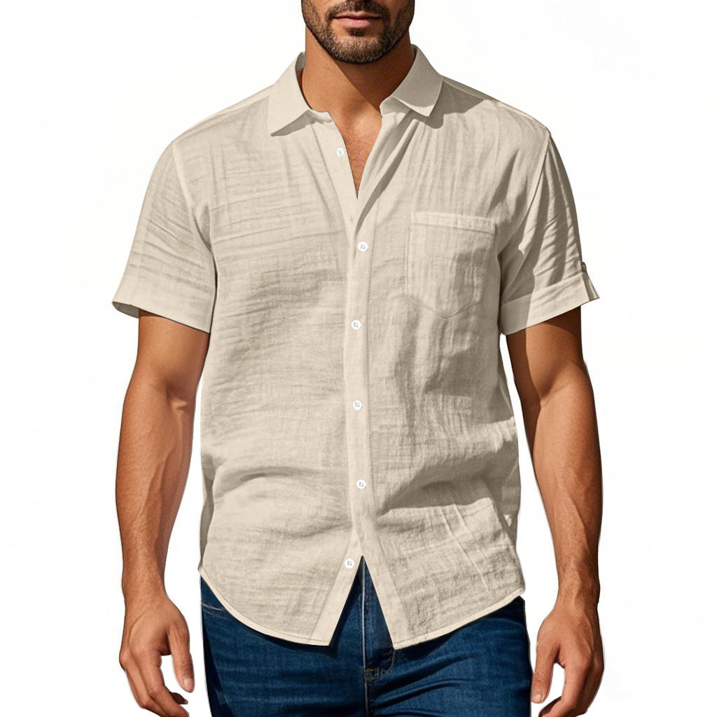 T-shirt homme en lin à col chemise manches courtes ample_voghion.com