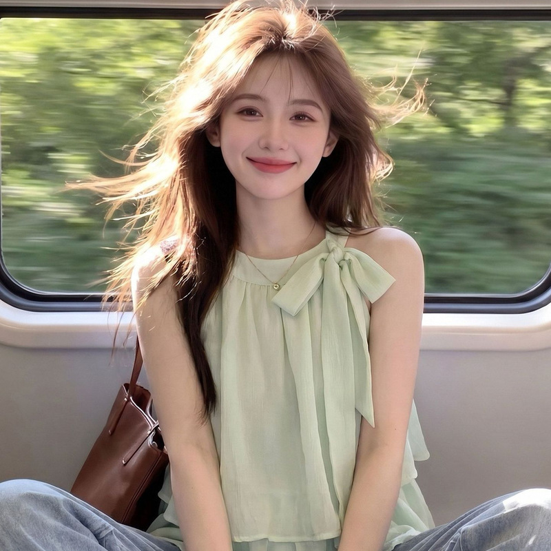 Summer new commuter style mint green halter neck camisole for women, fresh and sleeveless top with super fairy-like ruffles Summer new commuter style mint green halter neck camisole for women, fresh and sleeveless top with super fairy-like ruffles