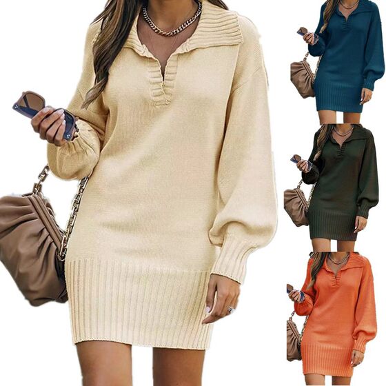 Amazon European and American Women's Sweater Women's Mid-length Sweater Dress Lapel Lantern Sleeve Knitted Solid Color Long Dress