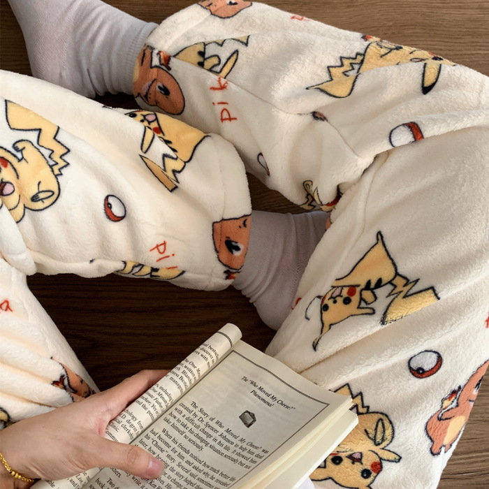 Pantalones de pijama de franela de coral de dibujos animados, pantalones de pijama de hombre, pantalones de invierno de otoño de mujer, pantalones caseros