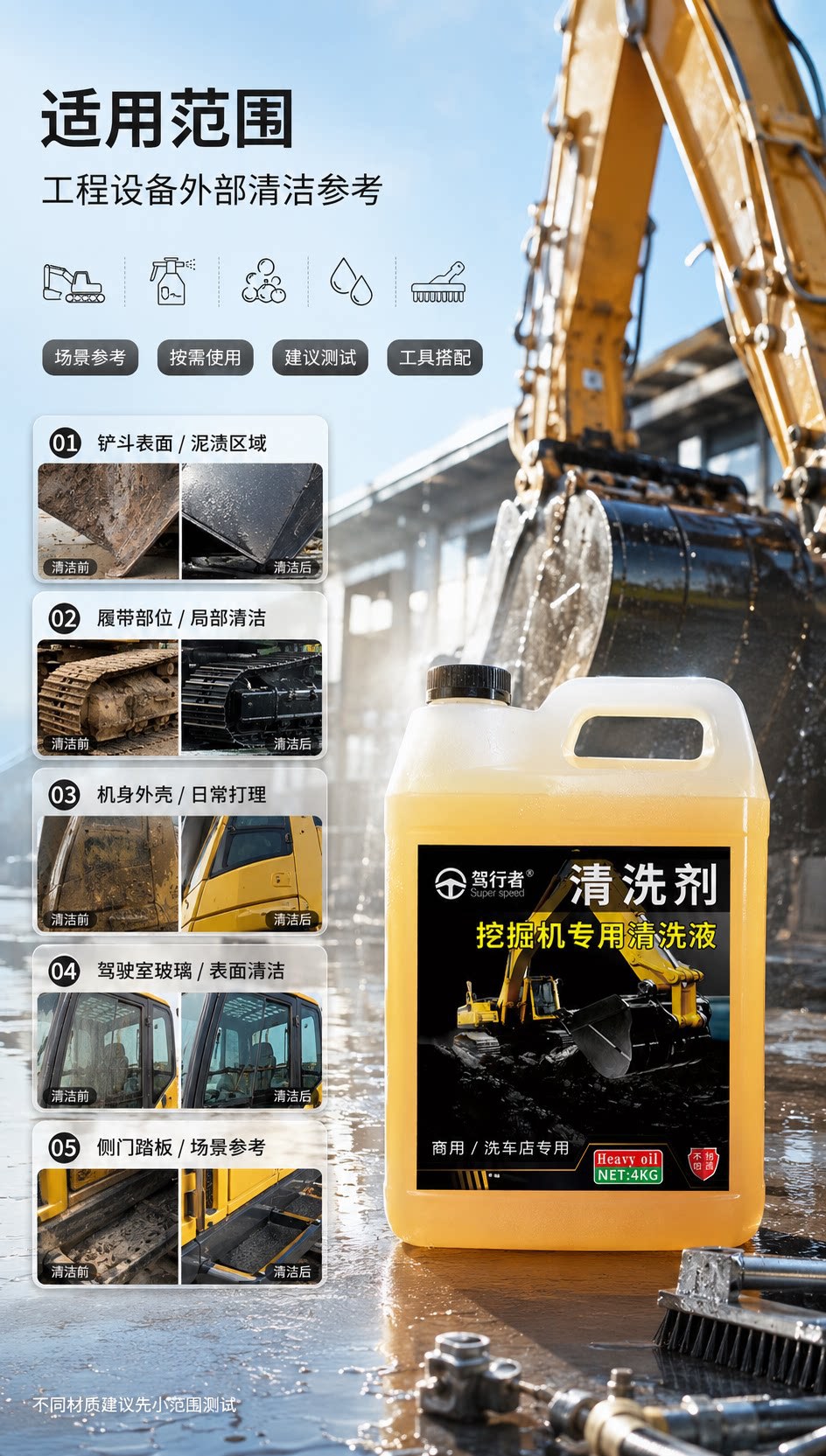 Excavator cleaning agent, grease, hydraulic oil, heavy oil stain cleaner, excavator and construction machinery, rich foam for oil removal