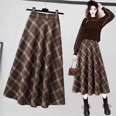 春と秋の格子の半身のスカートの女性のレトロな新型の大きいサイズの中の長いa字のスカートの大きいサイズ