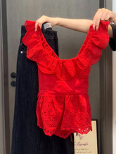辣妹红色飞飞袖荷叶边衬衫女夏季设计感镂空小众衬衣修身收腰上衣