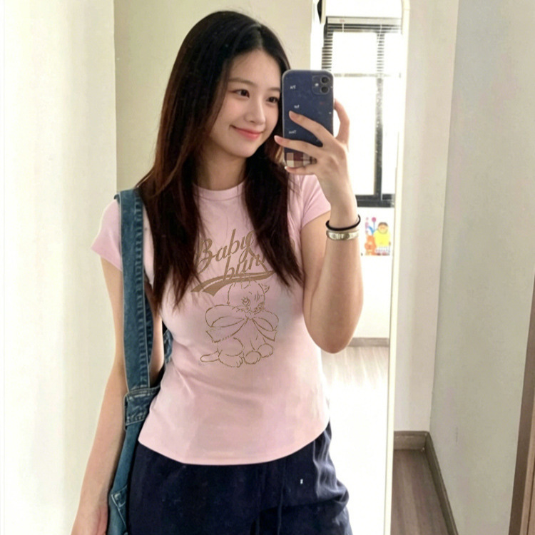 Pink Round Neck Short-Sleeved T-Shirt for Women, Summer New Style, Cartoon Cat Print, Sweet Style Slim Fit Top for Women Pink Round Neck Short-Sleeved T-Shirt for Women, Summer New Style, Cartoon Cat Print, Sweet Style Slim Fit Top for Women