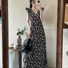 法式碎花吊带裙女装茶歇裙子夏季2025年新款小飞袖气质长裙连衣裙