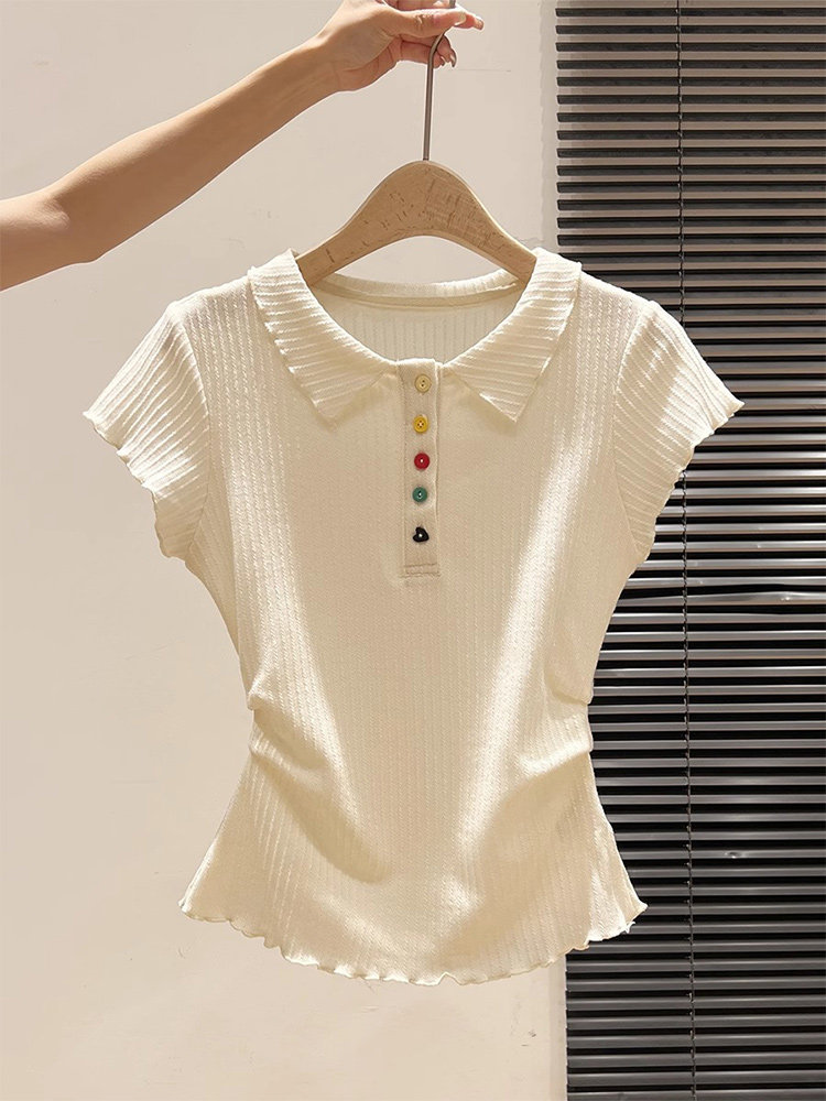 Áo thun polo nữ tay ngắn cổ bẻ cúc màu, kiểu thắt eo xếp nếp viền bèo mùa hè — màu mơ
