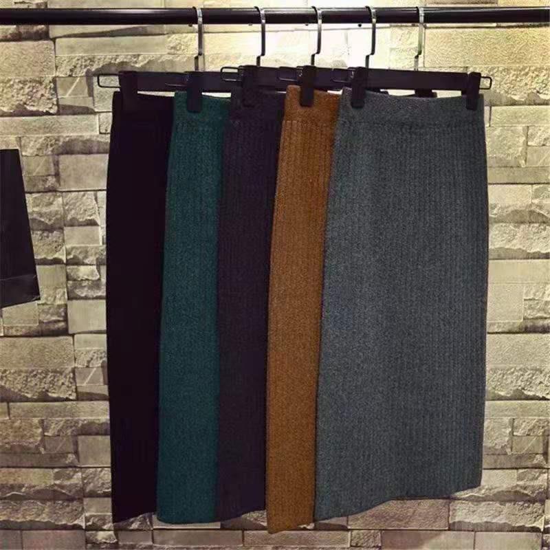 Autumn and Winter Mercerized Cotton High-Waist Knitted Skirt Women's Slit Mid-Length Woolen One-Step Skirt Hip-Covering Skirt