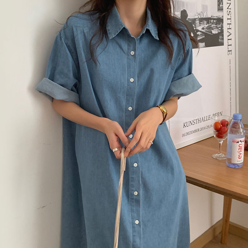 韩国chic夏季小众复古翻领单排扣宽松卷边短袖牛仔衬衫式连衣裙女