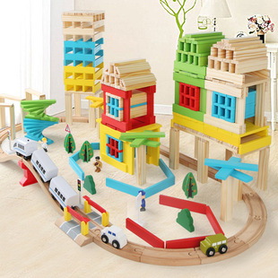 121 Pieces Wooden Children Beech Track Small Train Archimedes Building Blocks Building Stick Set Educational Toys 3 Years Old