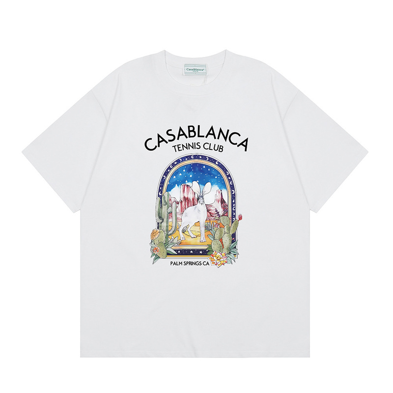 クロスボーダー2025夏服カサブランカドア枠ロゴプリント男女ゆるい半袖tシャツ重ポンド綿|undefined