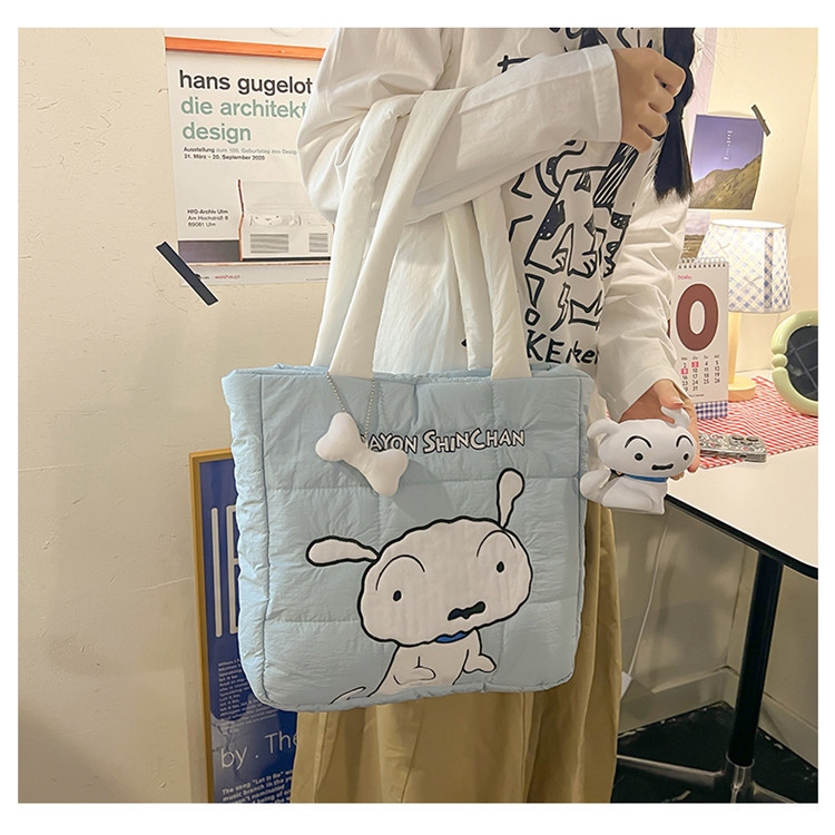 Cartoon Cute White Puppy Print Bag, Cotton-Filled down Cloth Handbag, Large Capacity Portable Commuter Shoulder Bag
