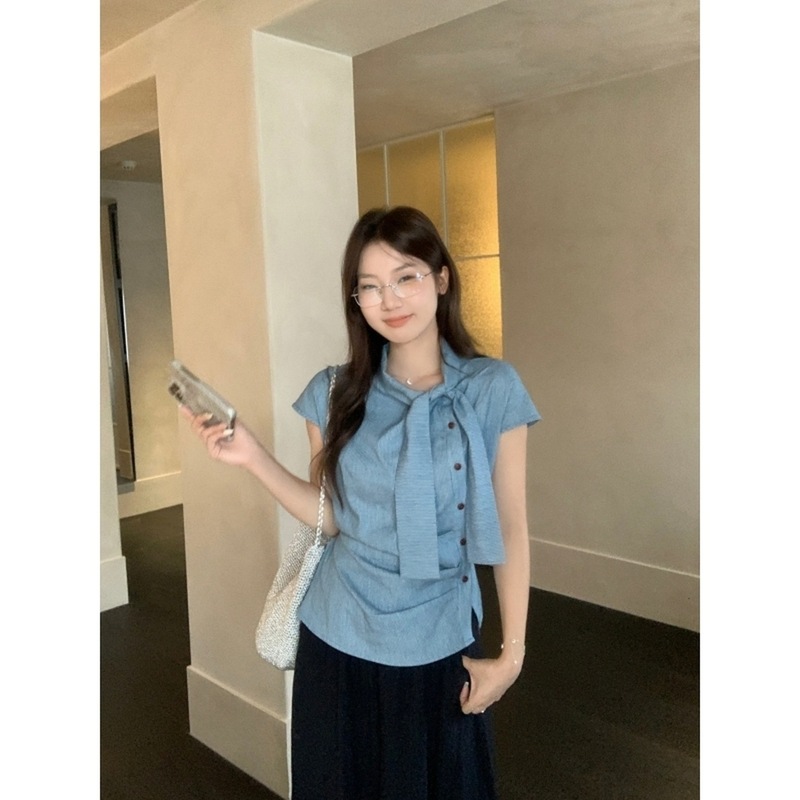 77 高级感条纹小飞袖飘带斜门襟衬衫女不规则休闲显瘦百搭上衣夏|undefined