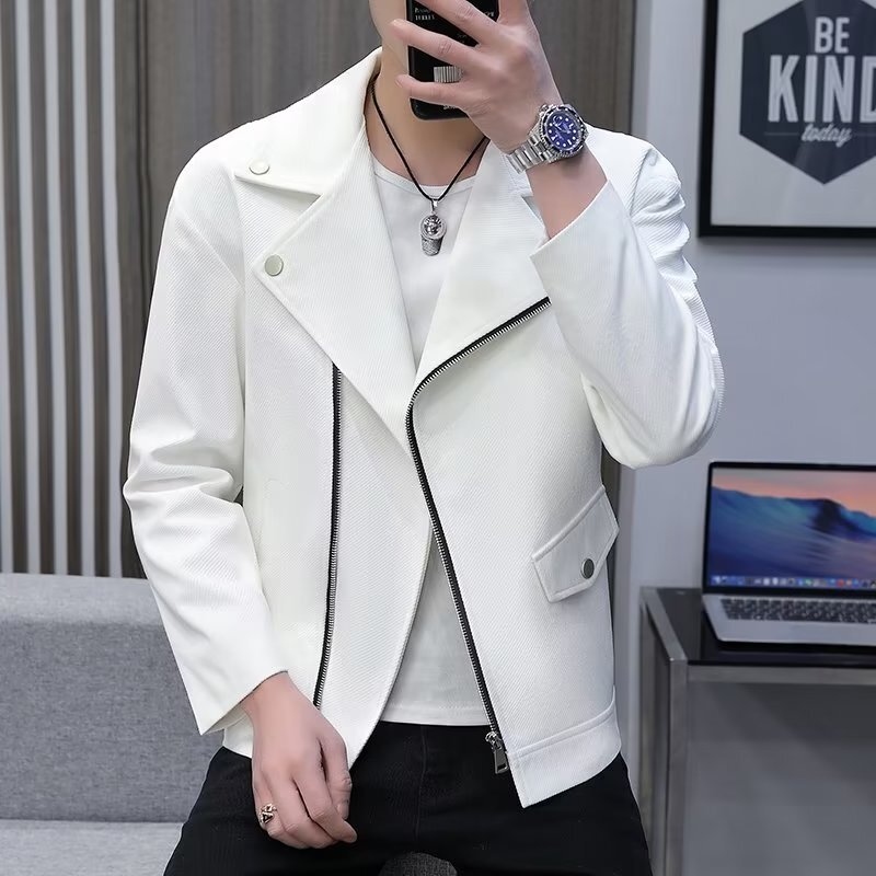 All-Match New Style Personalized Trendy Short Motorcycle Jacket Men's Korean Style Loose Long Sleeve Lapel White Jacket with Zipper for Men