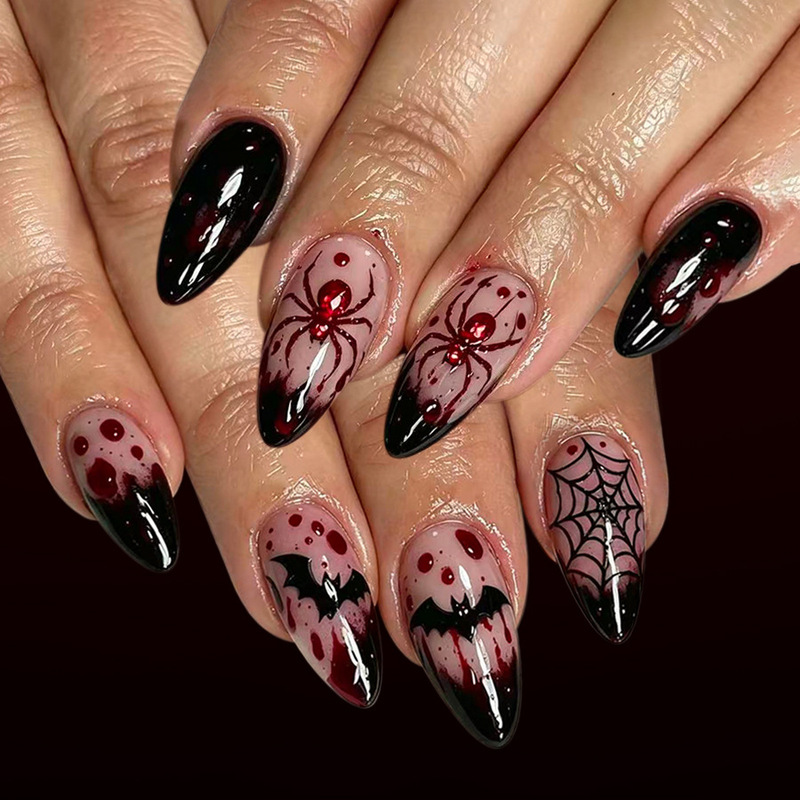 Medium-Sized Glossy Water Drop Nails, Dark Blood Drop French Style, Spider Web Bat Spider Glitter Nails, Halloween Wearable Nails, 24 Pieces Medium-Sized Glossy Water Drop Nails, Dark Blood Drop French Style, Spider Web Bat Spider Glitter Nails, Halloween Wearable Nails, 24 Pieces