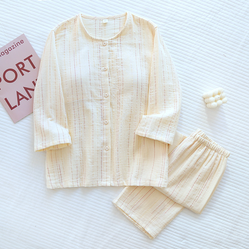 Spring and Autumn Pure Cotton Gauze Nine-Quarter Sleeve Bra-Free Pajamas for Women with Built-In Chest Pads, Round Neck Loungewear Set That Can Be Worn Outside