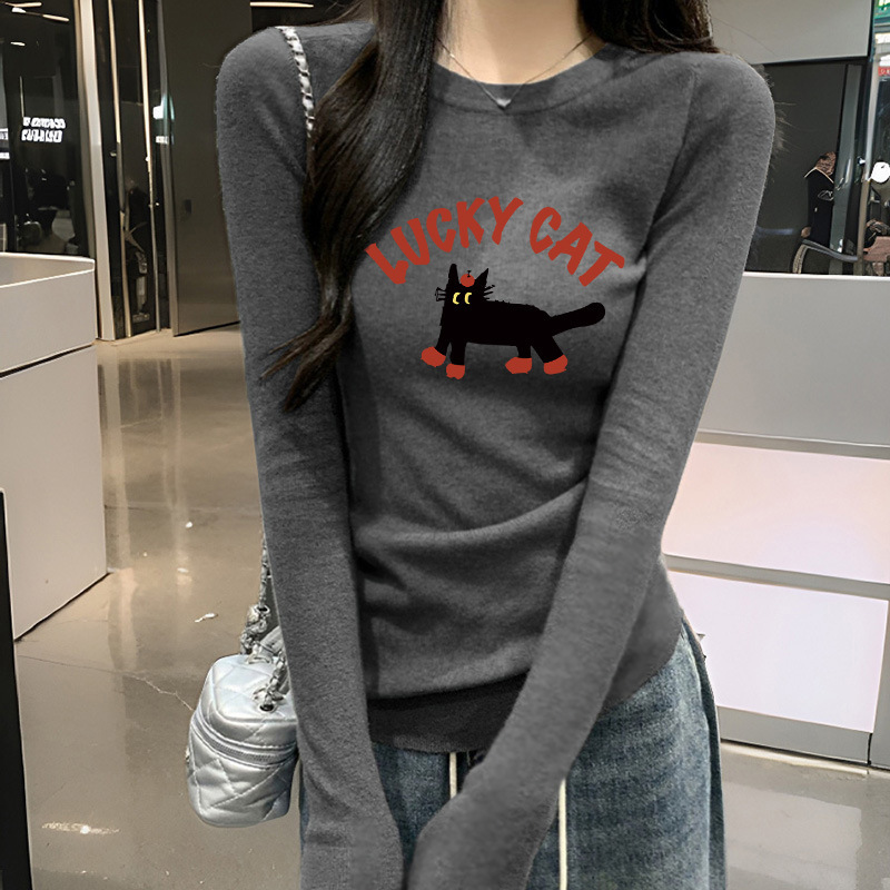 高级感灰色纯棉长袖t恤女内搭打底衫秋冬季修身显瘦正肩韩系上衣|undefined