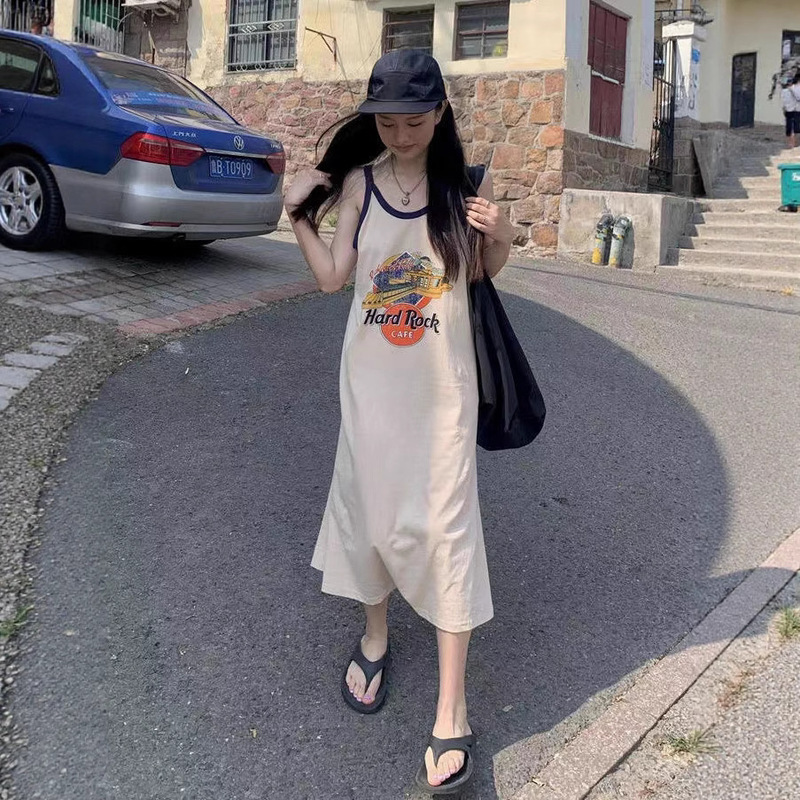 American Style Sleeveless Camisole Dress Women's Summer Backless Casual Long Dress Lazy Style Vacation T-Shirt Dress