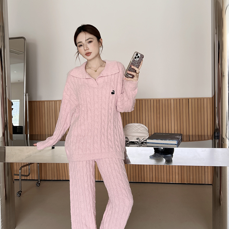 New Winter Product Embroidered Cherry Lapel Pullover Warm Pajamas Thickeneded Half Velvet Casual Soft Home Clothes