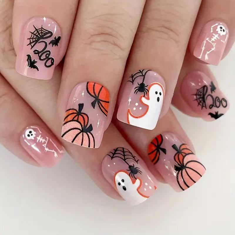 Halloween-Themed Pumpkin Elements, Orange-Edged Escape Ghost Dancing White Skeleton Wearable Nails, Detachable Nail Art, 24 Pieces Halloween-Themed Pumpkin Elements, Orange-Edged Escape Ghost Dancing White Skeleton Wearable Nails, Detachable Nail Art, 24 Pieces