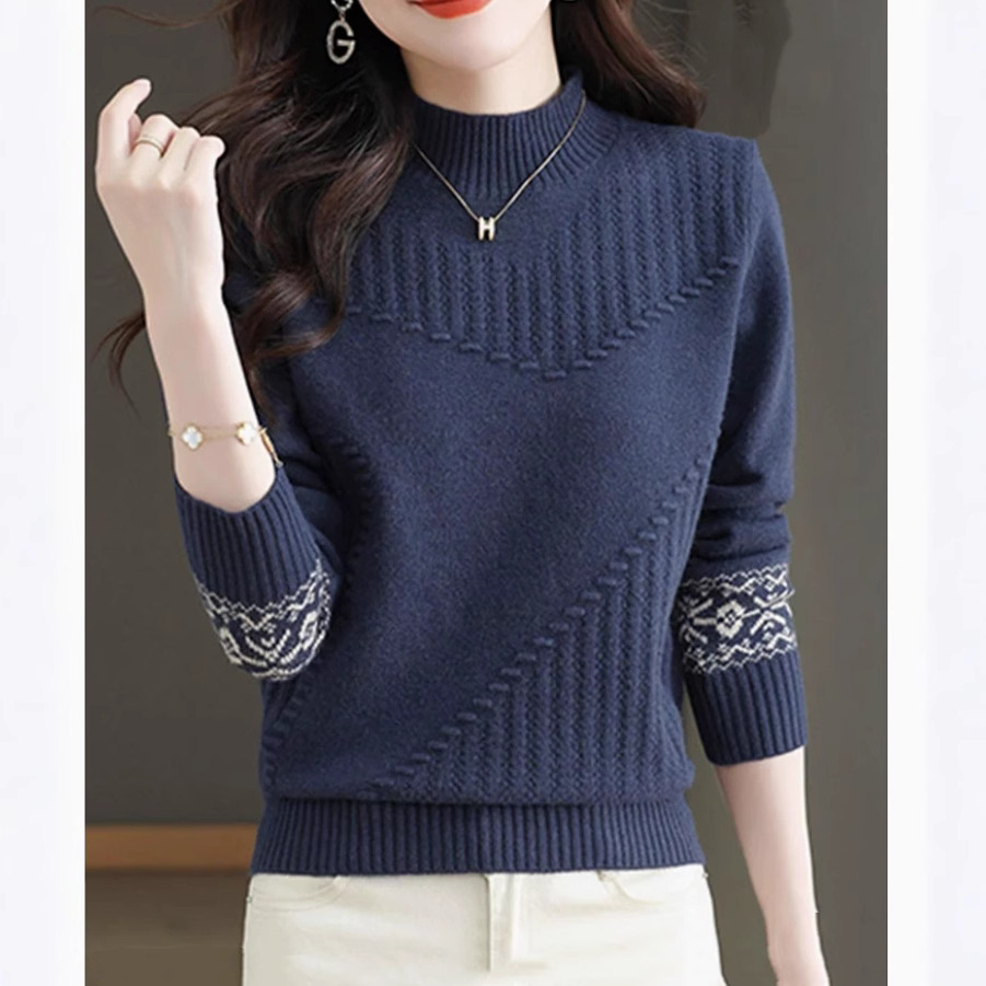 High-end Half-turtleneck Long-sleeved Sweater Women's Autumn and Winter Stylish Fashionable Jacquard Knitted Shirt Loose Belly Covering Base Shirt