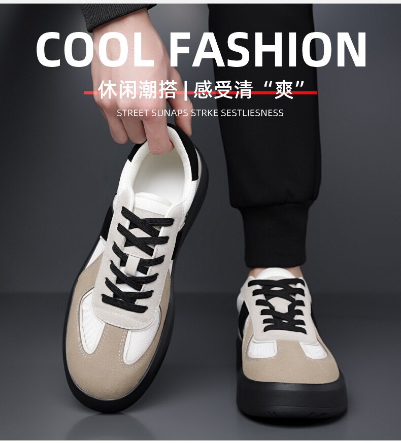 Giày sneaker nam cổ thấp phối màu, mũi tròn, đế cao su, thoáng khí, dây buộc — Màu lạc đà, Màu trắng chi tiết 4