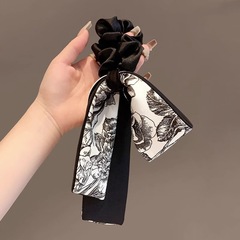 Chinese-style national trend ink and wash cool print pattern hair ribbon with silk surface floating ribbons bow tie low ponytail hair tie hair accessory