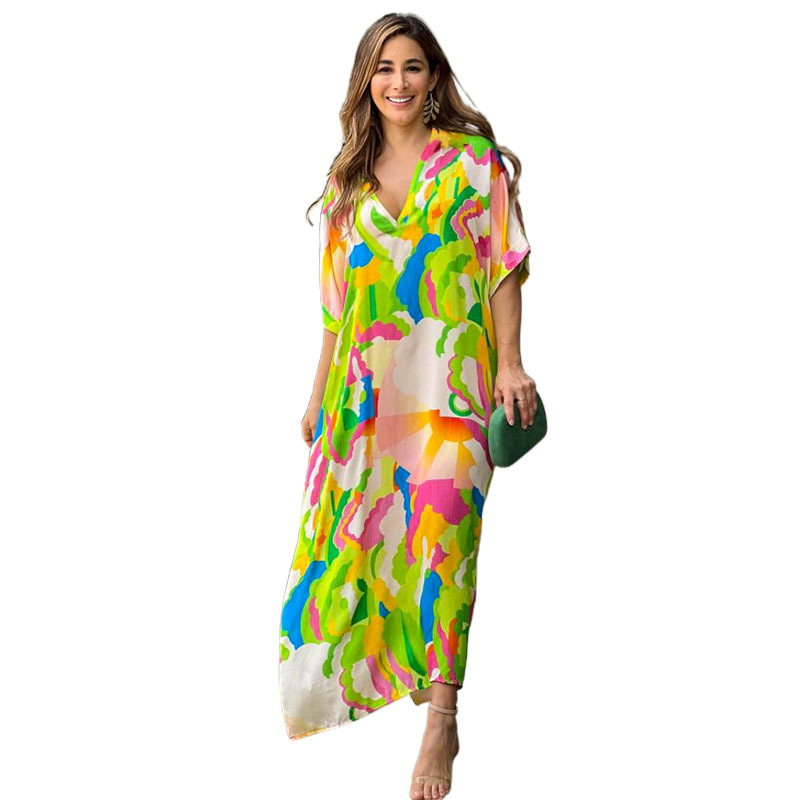 Women's Straight Skirt Casual V Neck Printing Half Sleeve Printing Maxi Long Dress Daily display picture 5