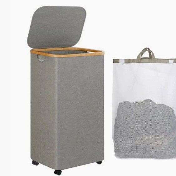 Cesta transfronteriza de artículos diversos y ropa sucia con tapa, cesta de almacenamiento de tela Oxford de bambú reciclada plegable, hogar con bolsa interior, caja de botella