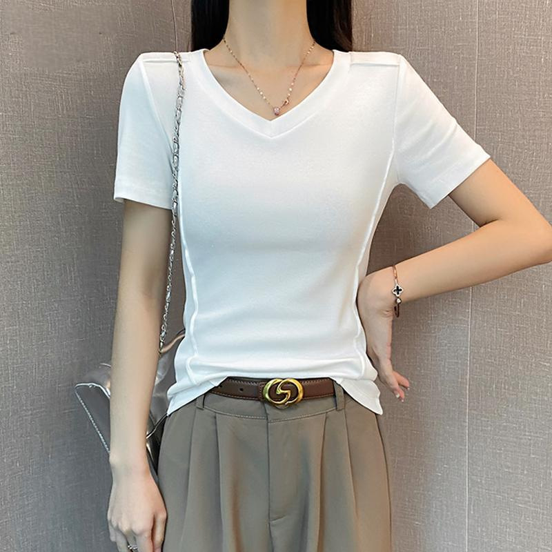 2025 New White V-neck Fishbone Short-sleeved T-shirt Women's Spring and Summer Low Collar Slim-fit Slimming Base Half-sleeved Cotton Top