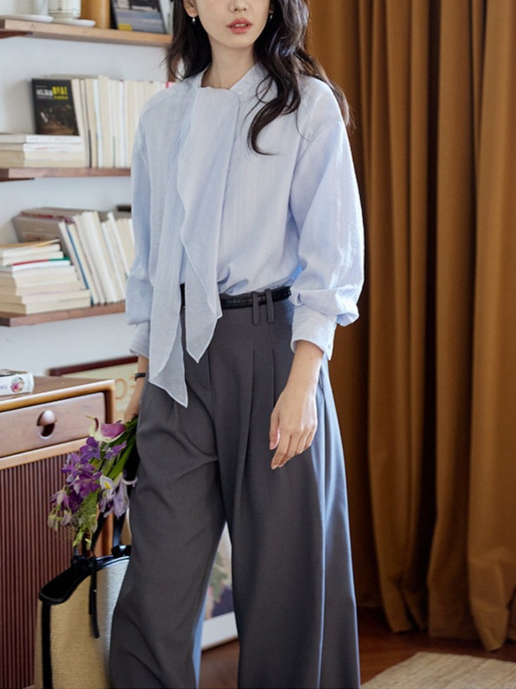 Moriose 蓝色飘带落肩条纹长袖衬衫女秋季新款法式复古气质上衣女|undefined