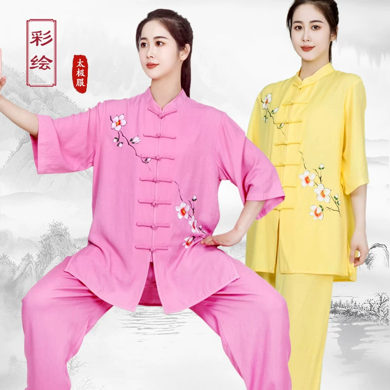 2025 новый восьмисекционный парчовый костюм для женщин, дышащий летний костюм из хлопка и льна большого размера, расписанный вручную костюм для выступлений по боевым искусствам, костюм Тай Чи Тай Чи