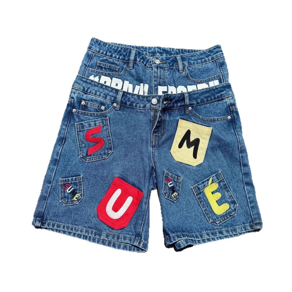 Pantalones cortos de mezclilla con costuras de letras de hip-hop europeo y americano, verano milenario, personalidad retro, moda, dos piezas de rock gótico falso