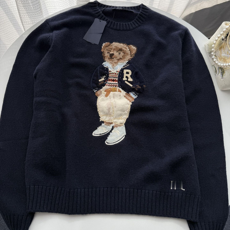 Rl/Scanable Wool Bear 25 Years Autumn and Winter Heavy Embroider Cartoon Round Neck Knitted Sweater Women's Casual