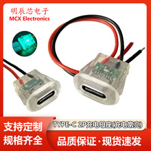 TYPE-C母座2P卡扣注胶USB C母头typec焊线防水透明带灯台灯充电口