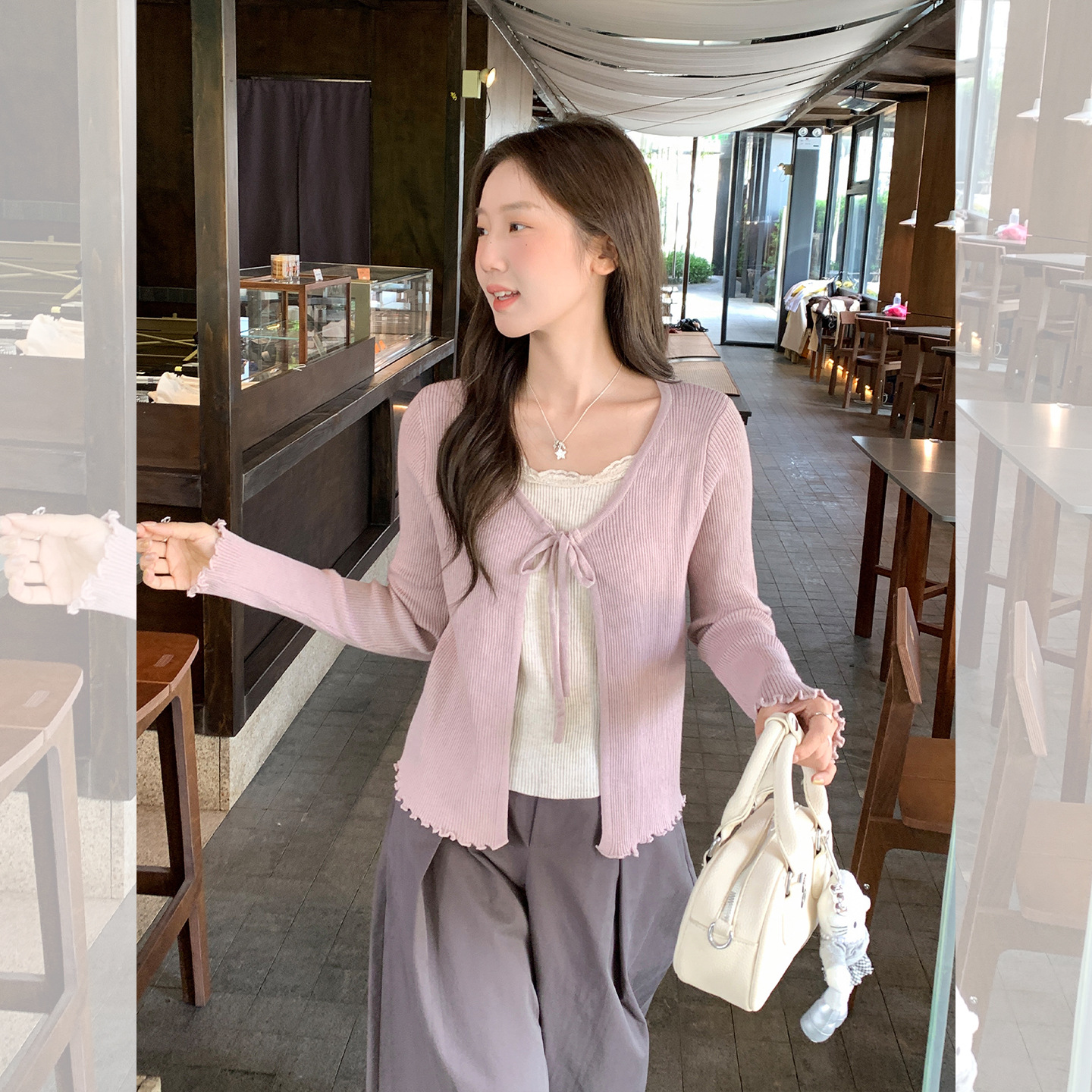 Pink Lace Trim Faux Two-Piece Design Knit Top for Women, 2026 Autumn and Winter Slim-Fit Base Layer Long-Sleeve Top