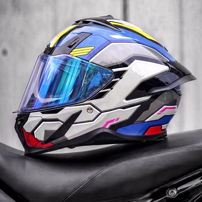 Motosiklet kaskı (dəbilqə) – riding, full-face motorcycle helmet - phantom-mecha-electronic-blue-mirror-coating-free-clear-lens-m55-56cm