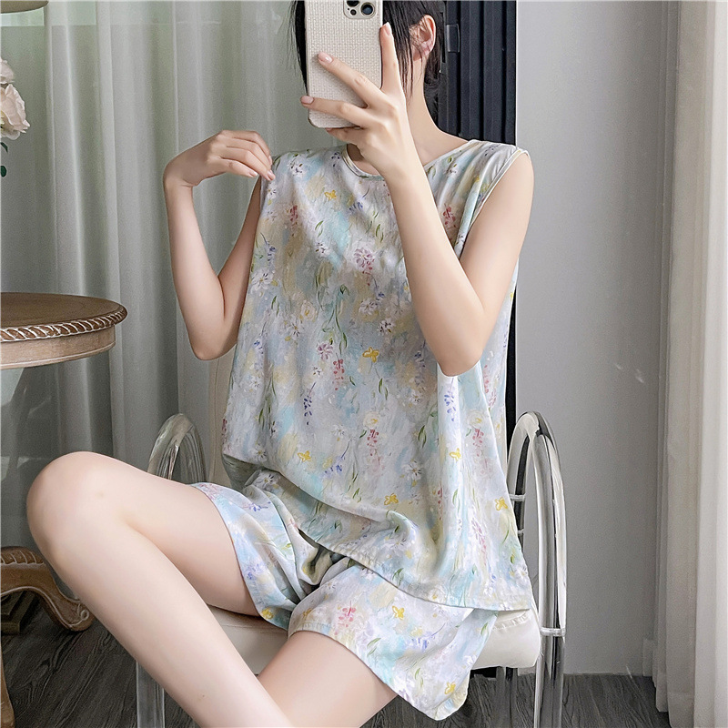 Nuevo pijama de verano de las mujeres de algodón fino de seda lindo de dibujos animados sexy estilo coreano más tamaño traje de dos piezas desgaste del hogar de verano