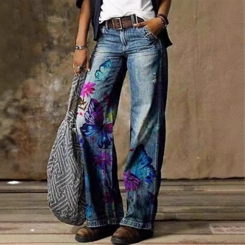 2025 Summer Thin Women's Denim Trousers 3D Digital Printing Amazon Hot Selling Trousers Straight-Leg Women's Flared Women's Pants