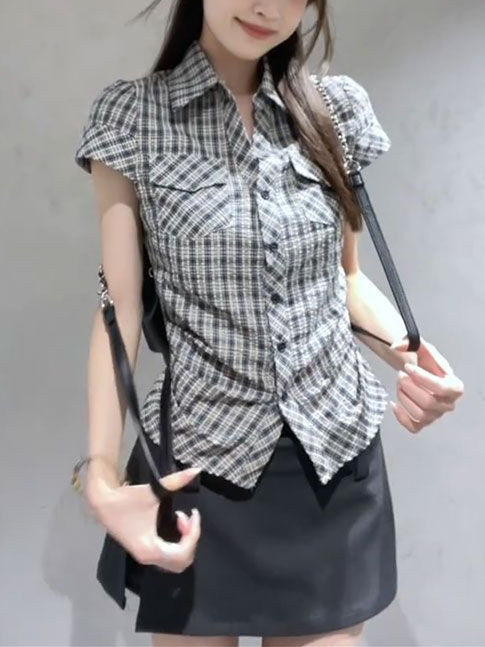 韩系复古格子短袖衬衫女夏2025新款掐腰气质衬衣修身显瘦辣妹上衣|undefined