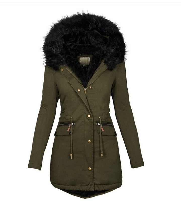 Transfronterizo deseo Amazon ropa de mujer europea y americana de otoño e invierno de color sólido Cuello de piel con capucha de longitud media cálido abrigo de algodón acolchado para las mujeres