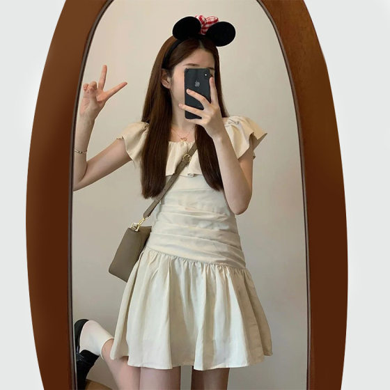 French-style off-shoulder sleeveless dress women's 2024 summer pure small sleeve clavicle waist slimming A- line skirt