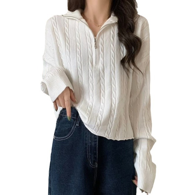 Ceptas mīklas vērpšanas rāvējslēdzēja korejiešu adīta augšdaļa, sieviešu rudens, garām piedurknēm, pusaugstas apkakles, maza, īsa apakšdaļa, džemperis_voghion.com