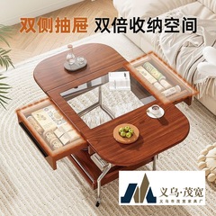 中古风可折叠茶几边几可移动收纳家用小户型客厅移动圆桌阳台推车