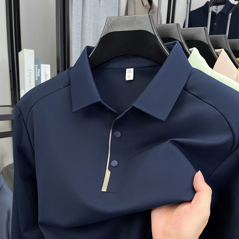 Autumn New Nylon Seamless Long-Sleeved Polo Shirt T-Shirt Middle-Aged Men's Lapel Pure Color Comfortable Bottoming Shirt Men's Clothing