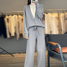 2025年秋冬新款纯羊毛圆领假两件针织衫女高腰阔腿长裤保暖两件套