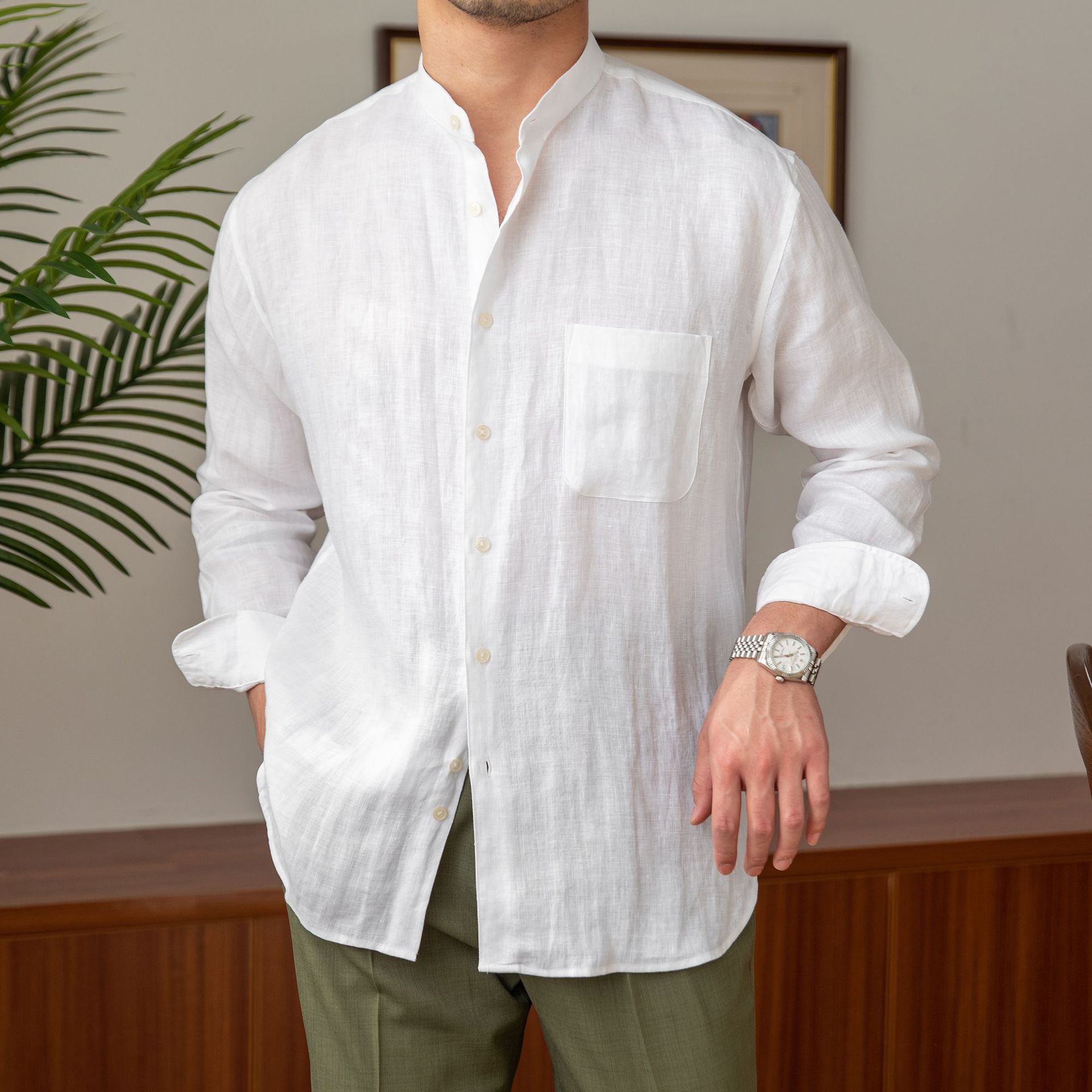 Commuting Light Mature Casual Breathable Pure Linen Long-sleeved Shirt All-match Holiday Collar Shirt Men's Henry Collar Top